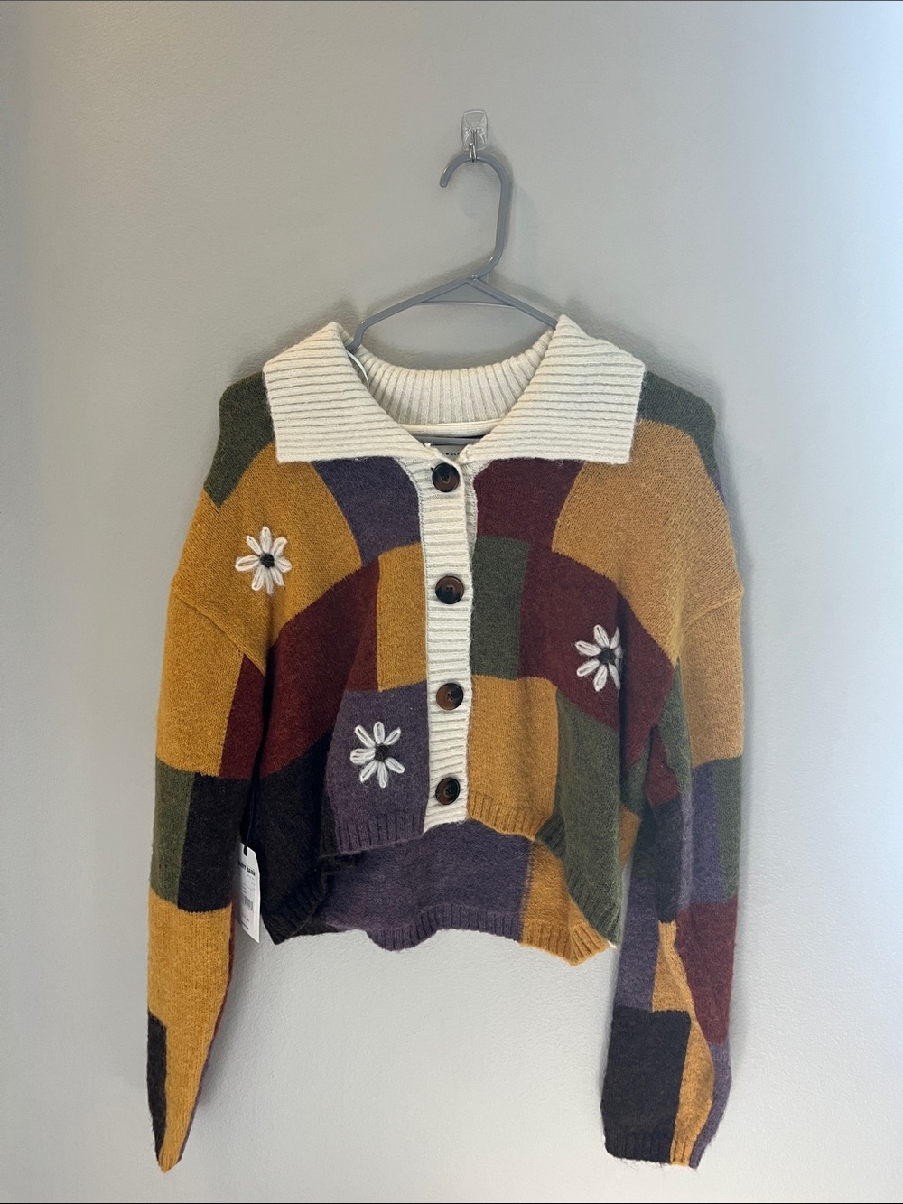 NWT Cleo + Wolf Embroidered Patchwork Button Cardigan Sweater Multi-Color S